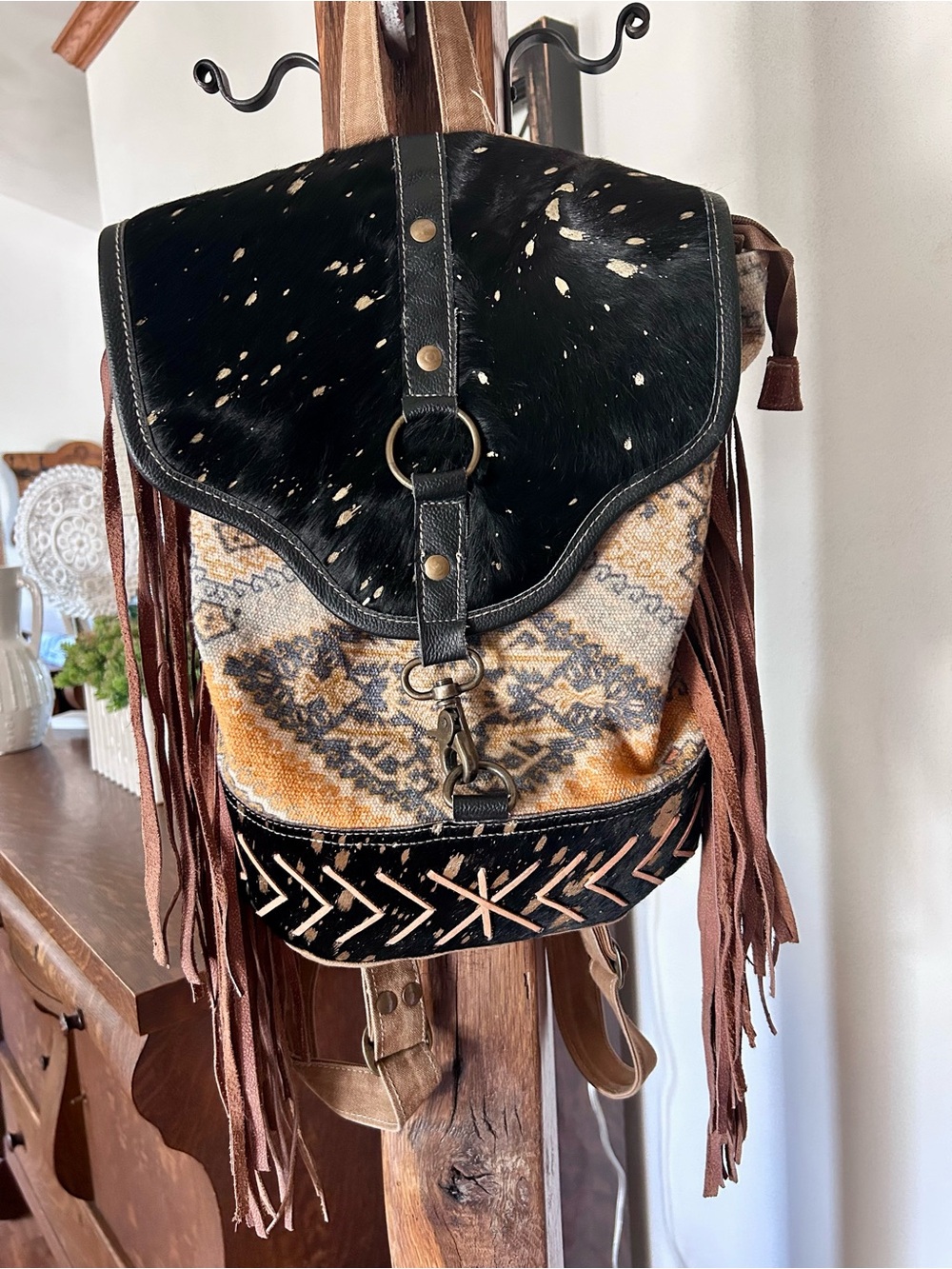 OLAY Black, Brown, Cream Leather Fringe Boho Backpack with Patterned Weave